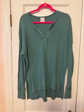 Long Sleeve Waffle Henley Top - Teal Green